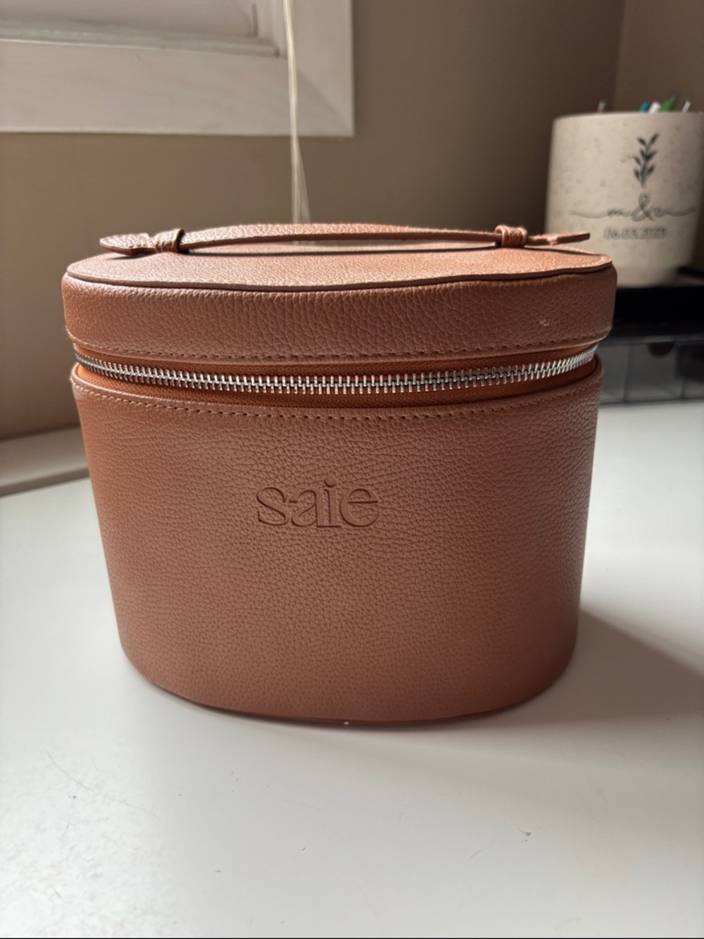 Saie Cognac Leather Vanity Case with Silver Zipper